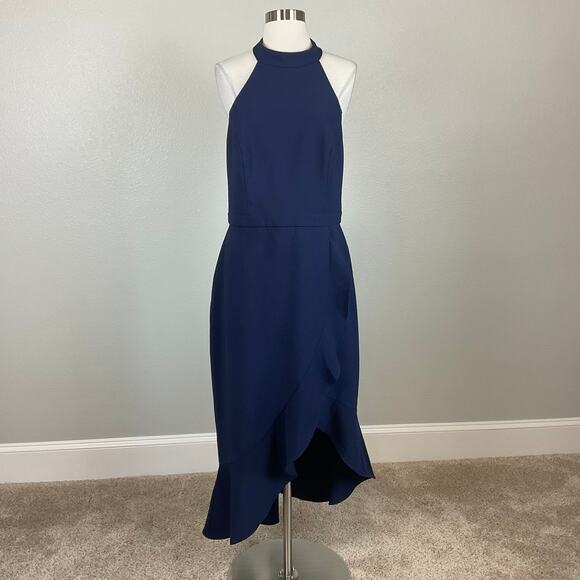 XSCAPE Backless Ruffled Halter High-Low Midi Sheath Cocktail Dress Blue Size 14 - Picture 2 of 13
